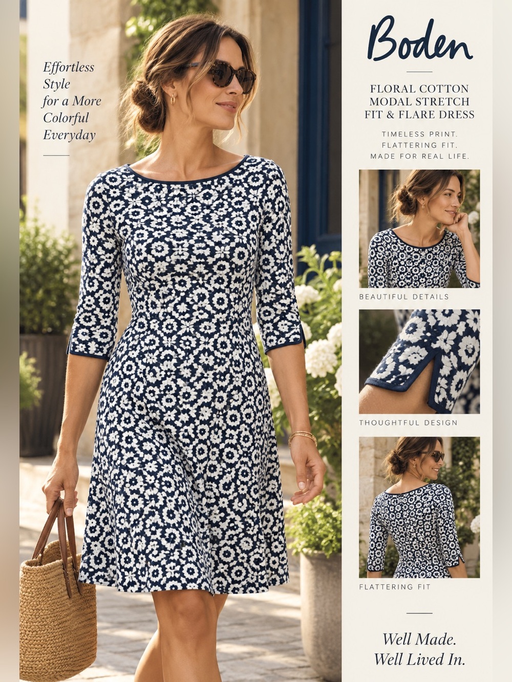 🌸 Boden Floral Cotton Modal Stretch Fit & Flare Dress Size 4R